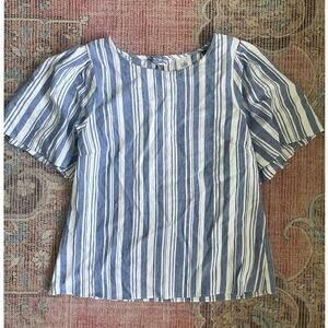 Cabi Linen #5343 Wing Blue Seersucker Striped Tunic Top Womens Size S Short Slv